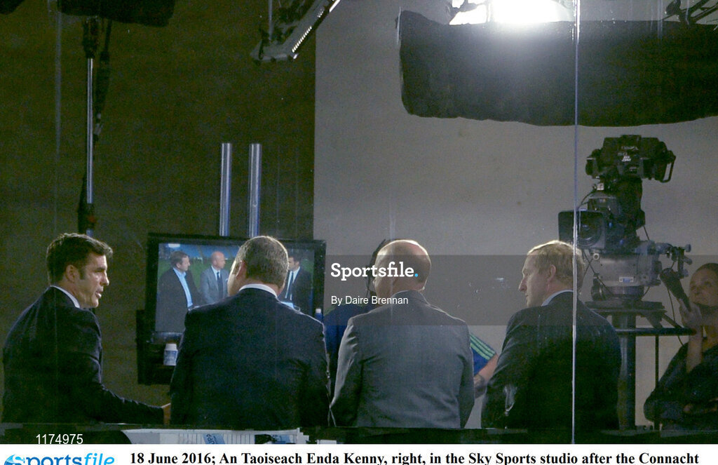 18 June 2016; An Taoiseach Enda Kenny, right, in the Sky Sports studio after the Connacht GAA Football Senior Championship Semi-Final match between Mayo and Galway at Elverys MacHale Park in Castlebar, Co Mayo. Photo by Daire Brennan/Sportsfile