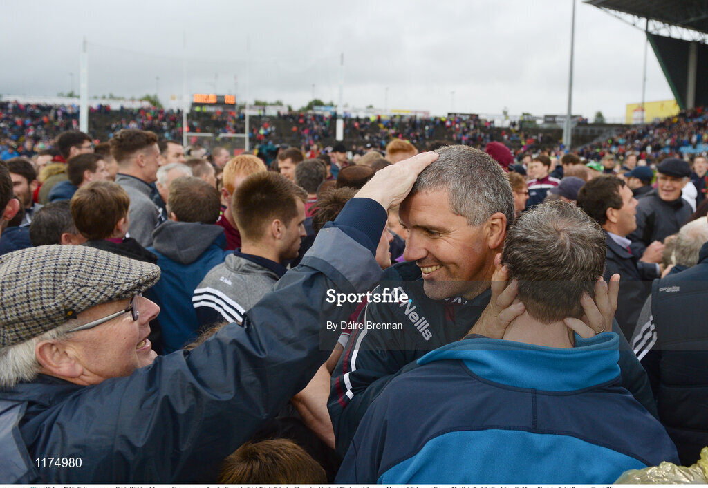 18 June 2016; Galway manager Kevin Walsh celebrates with supporters after the Connacht GAA Football Senior Championship Semi-Final match between Mayo and Galway at Elverys MacHale Park in Castlebar, Co Mayo. Photo by Daire Brennan/Sportsfile