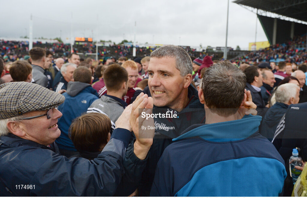 18 June 2016; Galway manager Kevin Walsh celebrates with supporters after the Connacht GAA Football Senior Championship Semi-Final match between Mayo and Galway at Elverys MacHale Park in Castlebar, Co Mayo. Photo by Daire Brennan/Sportsfile