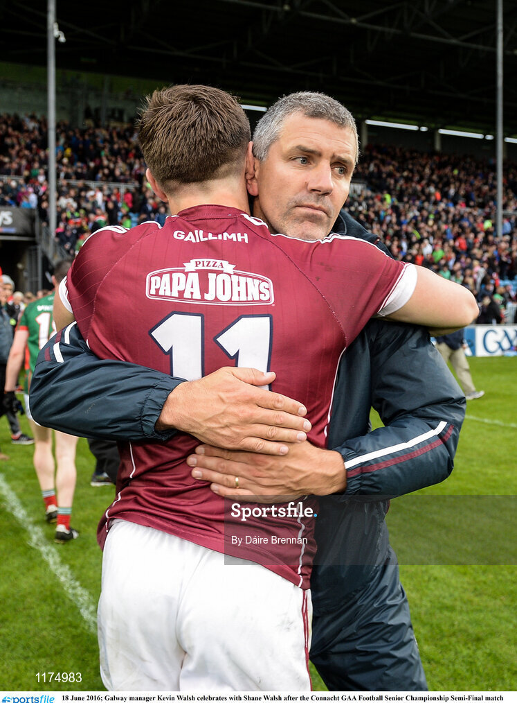 18 June 2016; Galway manager Kevin Walsh celebrates with Shane Walsh after the Connacht GAA Football Senior Championship Semi-Final match between Mayo and Galway at Elverys MacHale Park in Castlebar, Co Mayo. Photo by Daire Brennan/Sportsfile