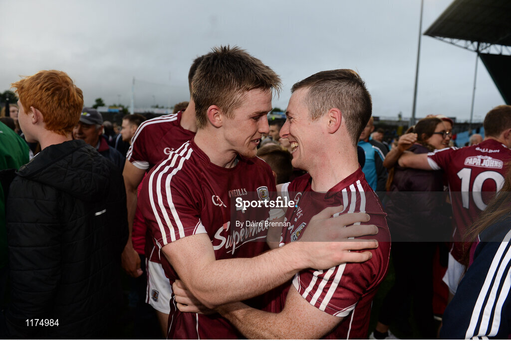 18 June 2016; David Wynne, left, and Danny Cummins of Galway celebrate after the Connacht GAA Football Senior Championship Semi-Final match between Mayo and Galway at Elverys MacHale Park in Castlebar, Co Mayo. Photo by Daire Brennan/Sportsfile