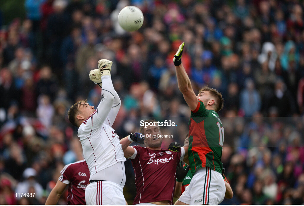 18 June 2016; Bernard Power of Galway in action against Aidan O'Shea of Mayo during the Connacht GAA Football Senior Championship Semi-Final match between Mayo and Galway at Elverys MacHale Park in Castlebar, Co Mayo. Photo by Daire Brennan/Sportsfile