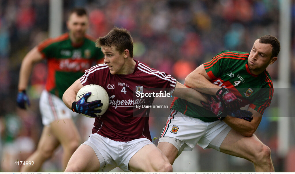 18 June 2016; David Wynne of Galway in action against Keith Higgins of Mayo during the Connacht GAA Football Senior Championship Semi-Final match between Mayo and Galway at Elverys MacHale Park in Castlebar, Co Mayo. Photo by Daire Brennan/Sportsfile