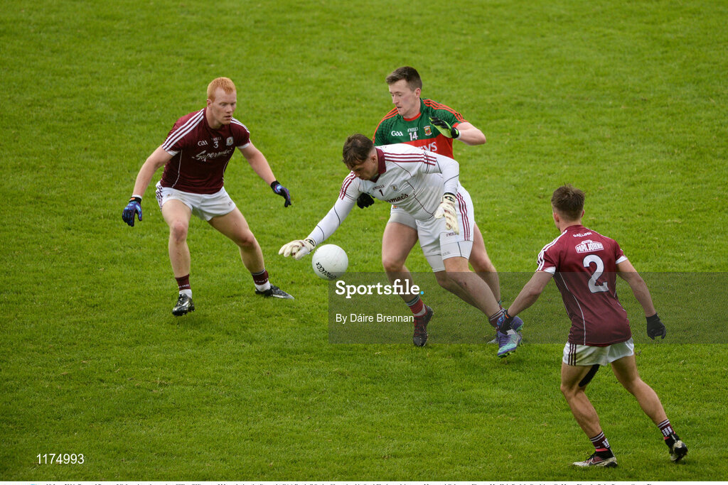 18 June 2016; Bernard Power of Galway in action against Cillian O'Connor of Mayo during the Connacht GAA Football Senior Championship Semi-Final match between Mayo and Galway at Elverys MacHale Park in Castlebar, Co Mayo. Photo by Daire Brennan/Sportsfile