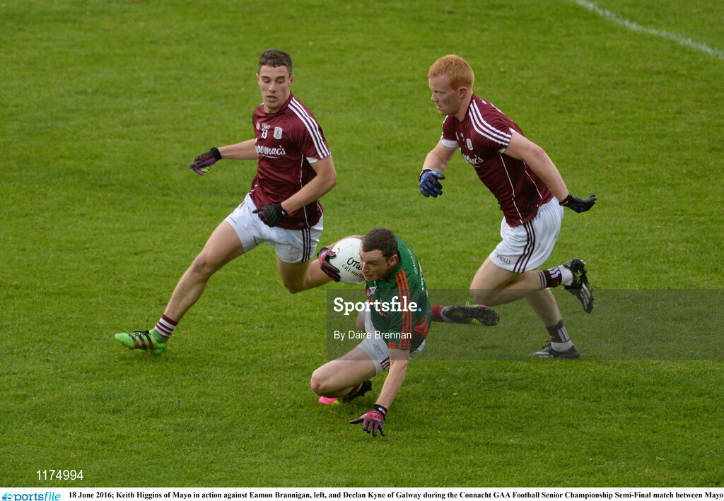 18 June 2016; Keith Higgins of Mayo in action against Eamon Brannigan, left, and Declan Kyne of Galway during the Connacht GAA Football Senior Championship Semi-Final match between Mayo and Galway at Elverys MacHale Park in Castlebar, Co Mayo. Photo by Daire Brennan/Sportsfile