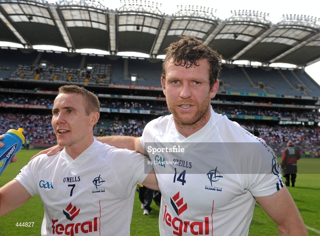 24 July 2010; Ronan Sweeney, right, and Brian Flanagan, Kildare, celebrate at the end of the game. GAA Football All-Ireland Senior Championship Qualifier, Round 4, Monaghan v Kildare, Croke Park, Dublin. Picture credit: David Maher / SPORTSFILE