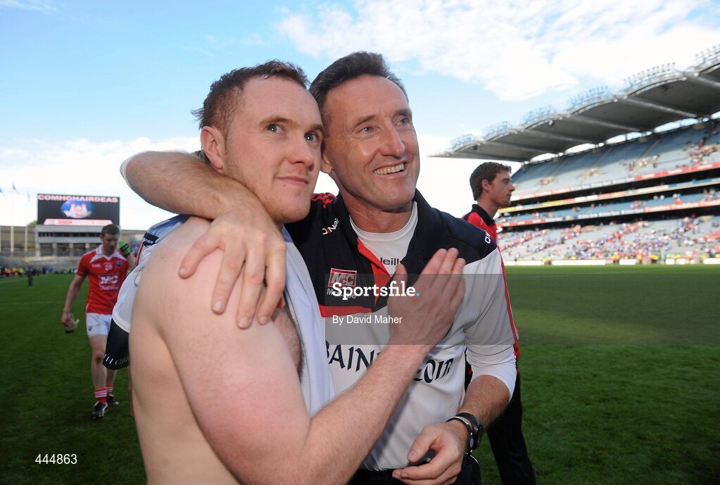 24 July 2010; Peter Fitzpatrick, right, Louth manager with his son Stephen at the end of the game. GAA Football All-Ireland Senior Championship Qualifier, Round 4, Dublin v Louth, Croke Park, Dublin. Picture credit: David Maher / SPORTSFILE