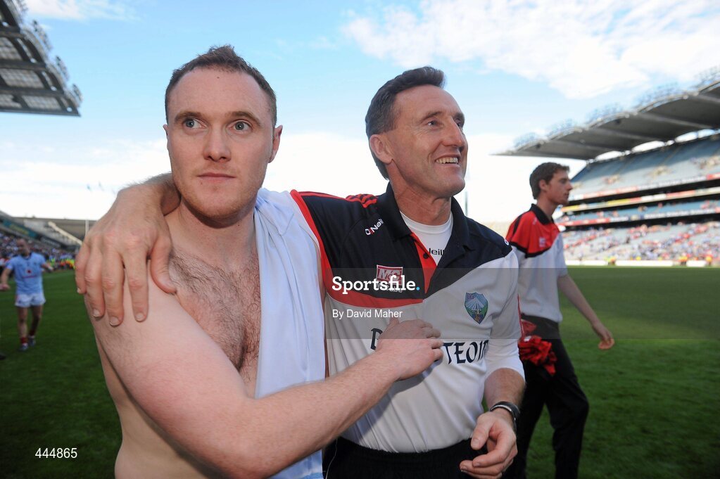 24 July 2010; Peter Fitzpatrick, right, Louth manager, with his son Stephen at the end of the game. GAA Football All-Ireland Senior Championship Qualifier, Round 4, Dublin v Louth, Croke Park, Dublin. Picture credit: David Maher / SPORTSFILE