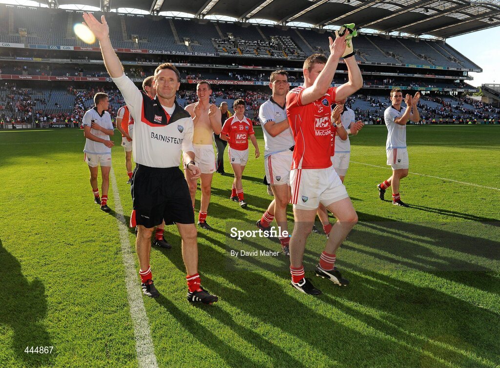 24 July 2010; Peter Fitzpatrick, Louth manager, with members of the Louth team at the end of the game. GAA Football All-Ireland Senior Championship Qualifier, Round 4, Dublin v Louth, Croke Park, Dublin. Picture credit: David Maher / SPORTSFILE