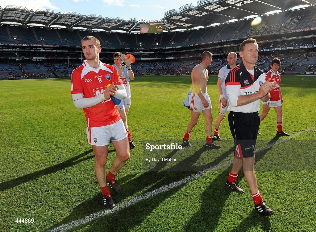 24 July 2010; Peter Fitzpatrick, right, Louth manager, with Louth captain Paddy Keenan at the end of the game. GAA Football All-Ireland Senior Championship Qualifier, Round 4, Dublin v Louth, Croke Park, Dublin. Picture credit: David Maher / SPORTSFILE