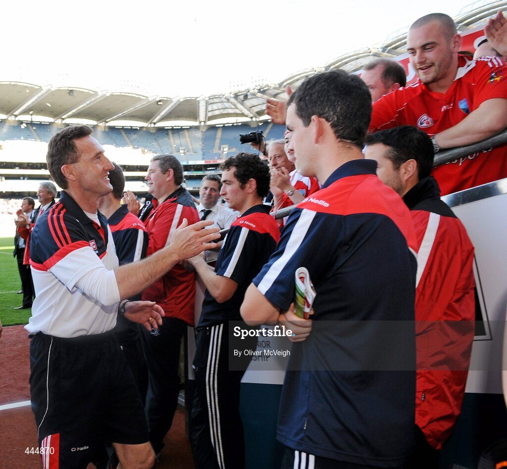 24 July 2010; Louth manager, Peter Fitzpatrick, shakes hands with supporters at the end of the game. GAA Football All-Ireland Senior Championship Qualifier, Round 4, Dublin v Louth, Croke Park, Dublin. Picture credit: Oliver McVeigh / SPORTSFILE