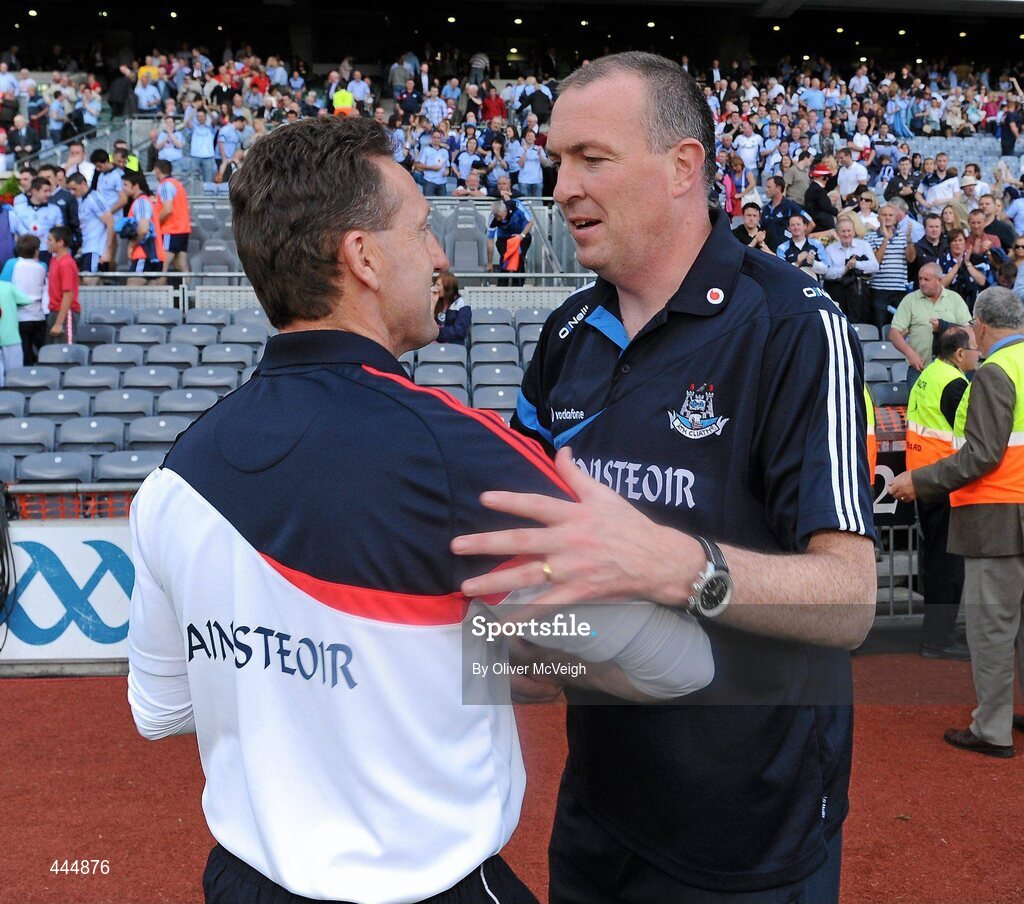 24 July 2010; Louth manager Peter Fitzpatrick, left, and  Dublin manager Pat Gilroy shake hands after the final whistle. GAA Football All-Ireland Senior Championship Qualifier, Round 4, Dublin v Louth, Croke Park, Dublin. Picture credit: Oliver McVeigh / SPORTSFILE