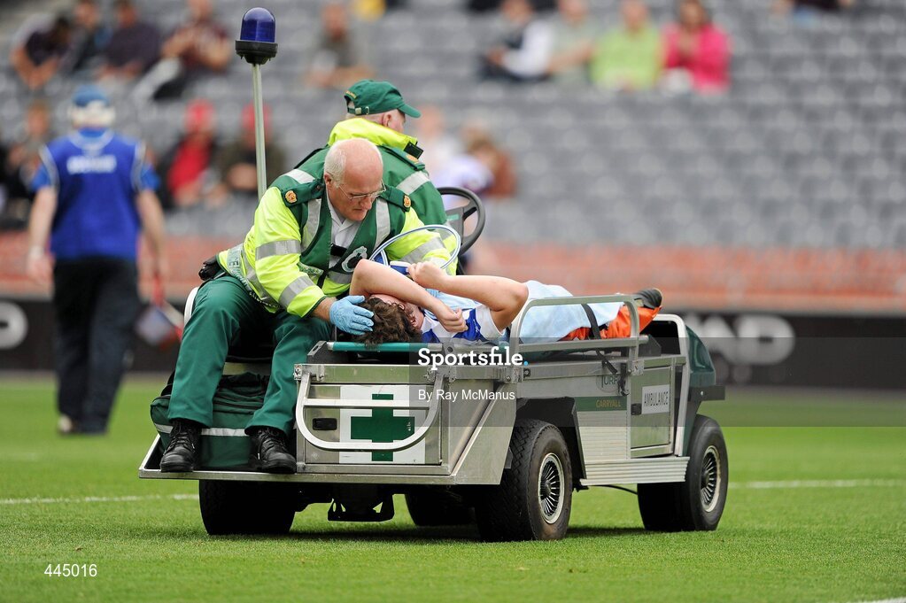 25 July 2010; Waterford's Cormac Heffernan is comforted by a St John Ambulance member, as he is removed having sustained a broken tibula and fibula in an accidential clash. ESB GAA Hurling All-Ireland Minor Championship Quarter-Final, Waterford v Galway, Croke Park, Dublin. Picture credit: Ray McManus / SPORTSFILE