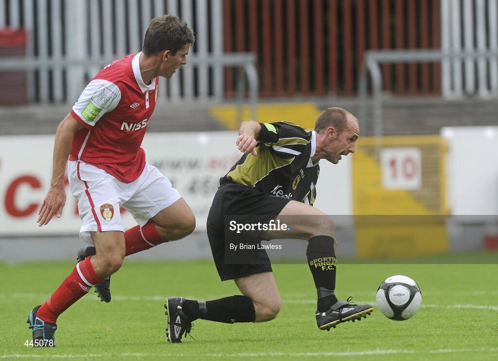 25 July 2010; Alan Kirby, Sporting Fingal, in action against David McAllister, St Patrick's Athletic. Airtricity League Premier Division, St Patrick's Athletic v Sporting Fingal, Richmond Park, Dublin. Picture credit: Brian Lawless / SPORTSFILE