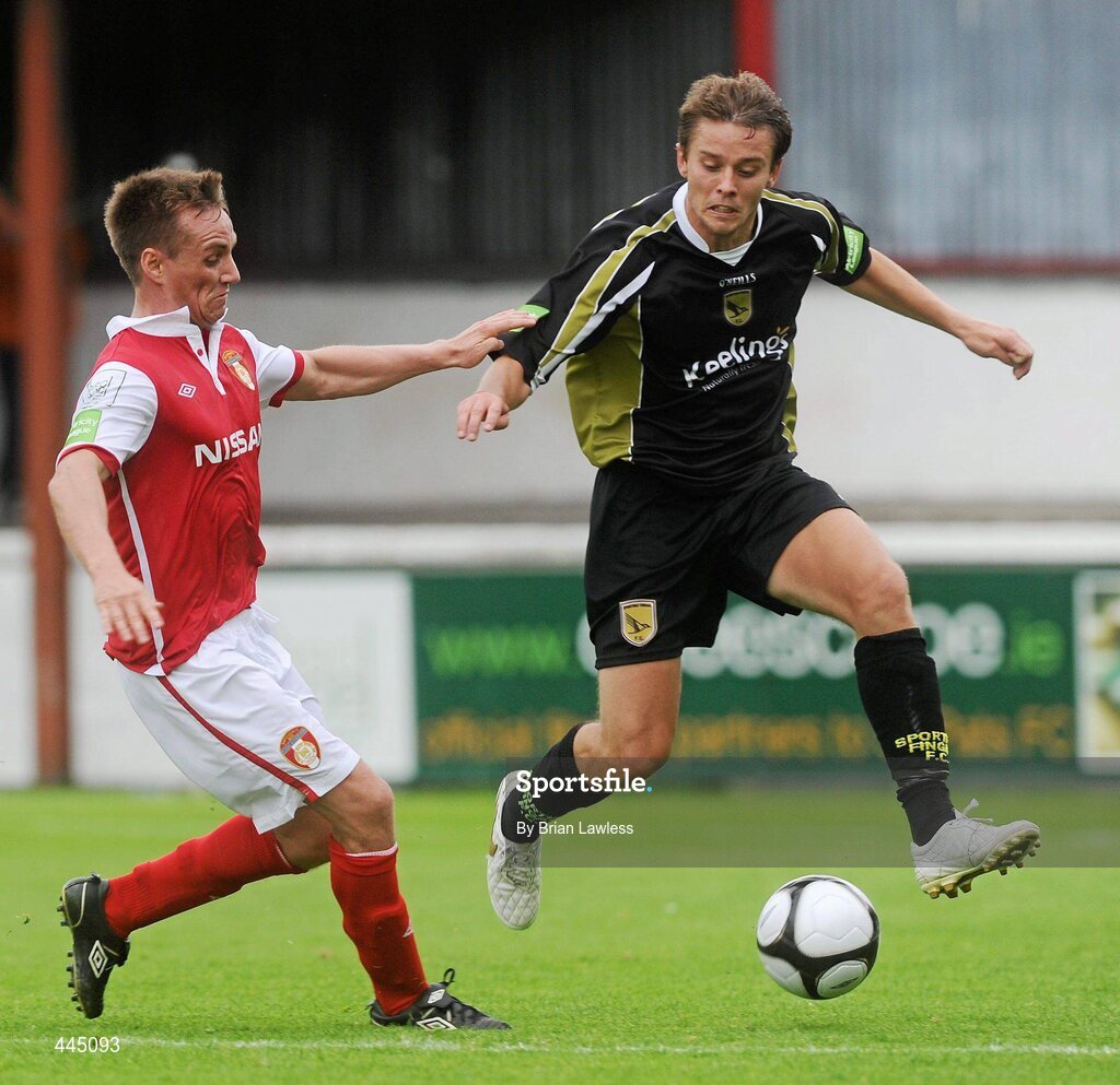 25 July 2010; Ger O'Brien, Sporting Fingal, in action against Gareth O'Connor, St Patrick's Athletic. Airtricity League Premier Division, St Patrick's Athletic v Sporting Fingal, Richmond Park, Dublin. Picture credit: Brian Lawless / SPORTSFILE