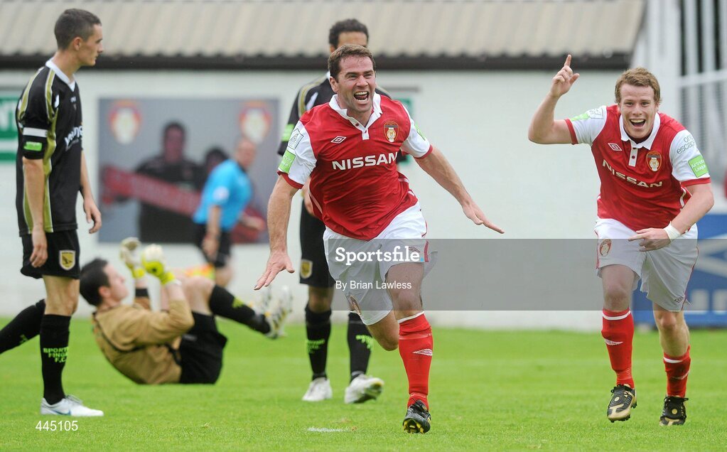 25 July 2010; David Mulcahy, St Patrick's Athletic, celebrates with team-mate Daniel North, right, after scoring his side's first goal. Airtricity League Premier Division, St Patrick's Athletic v Sporting Fingal, Richmond Park, Dublin. Picture credit: Brian Lawless / SPORTSFILE