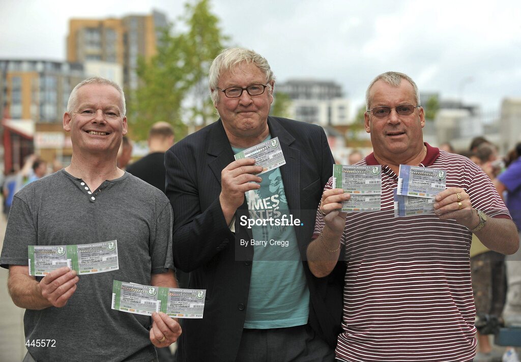 26 July 2010; Shamrock Rovers fans, from left, Billy O'Reilly, John O'Connell and Shay O'Reilly show off their tickets in advance of their side's Europa League Third Qualifying Round, 1st Leg, game against Juventus on Thursday night. Tallaght Stadium, Tallaght, Dublin. Picture credit: Barry Cregg / SPORTSFILE