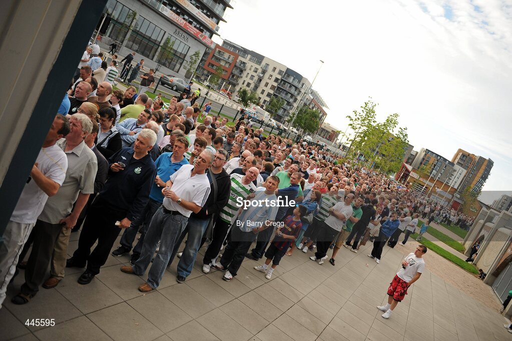 26 July 2010; Shamrock Rovers fans queue for tickets in advance of their side's Europa League Third Qualifying Round, 1st Leg, game against Juventus on Thursday night. Tallaght Stadium, Tallaght, Dublin. Picture credit: Barry Cregg / SPORTSFILE
