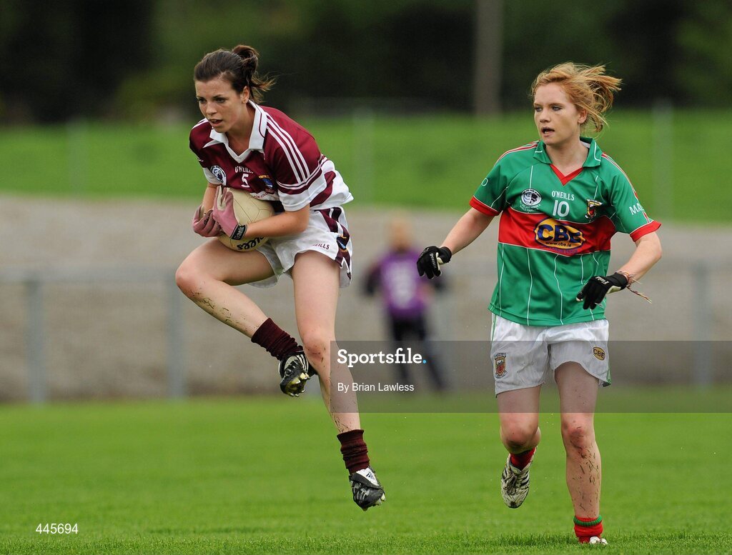 24 July 2010; Kelly Boyce Jordan, Westmeath, in action against Carol Hegarty, Mayo. Ladies Gaelic Football Minor A Shield All-Ireland Final, Mayo v Westmeath, Seán O'Heslin GAA Cub, Ballinamore, Co. Leitrim. Picture credit: Brian Lawless / SPORTSFILE