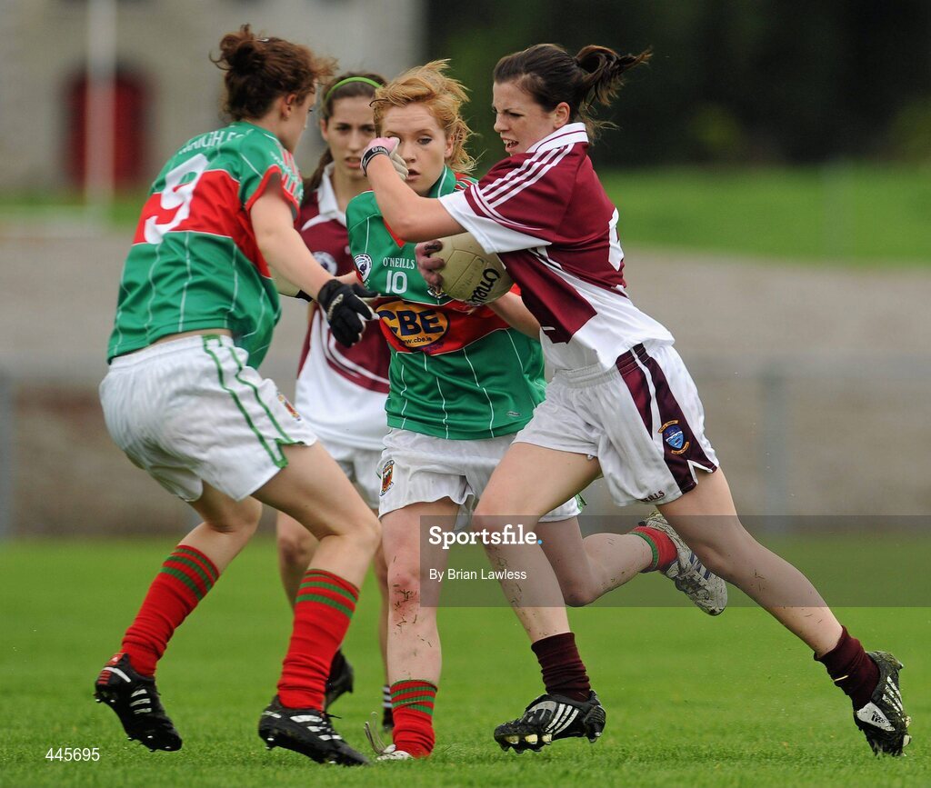 24 July 2010; Kelly Boyce Jordan, Westmeath, in action against Carol Hegarty and Ciara McManamon, left, Mayo. Ladies Gaelic Football Minor A Shield All-Ireland Final, Mayo v Westmeath, Seán O'Heslin GAA Cub, Ballinamore, Co. Leitrim. Picture credit: Brian Lawless / SPORTSFILE