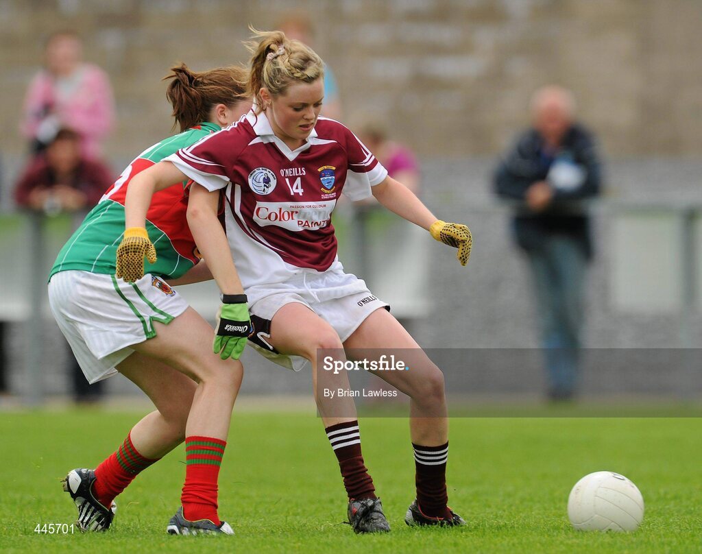 24 July 2010; Shiela Kelly, Westmeath, in action against Mary Naughton, Mayo. Ladies Gaelic Football Minor A Shield All-Ireland Final, Mayo v Westmeath, Seán O'Heslin GAA Cub, Ballinamore, Co. Leitrim. Picture credit: Brian Lawless / SPORTSFILE