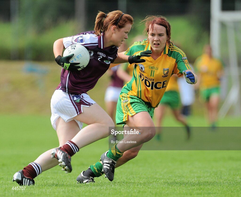 24 July 2010; Niamh Ryan, Galway, in action against Ciara Grant, Donegal. Ladies Gaelic Football Minor A Championship All-Ireland Final, Donegal v Galway, Seán O'Heslin GAA Cub, Ballinamore, Co. Leitrim. Picture credit: Brian Lawless / SPORTSFILE