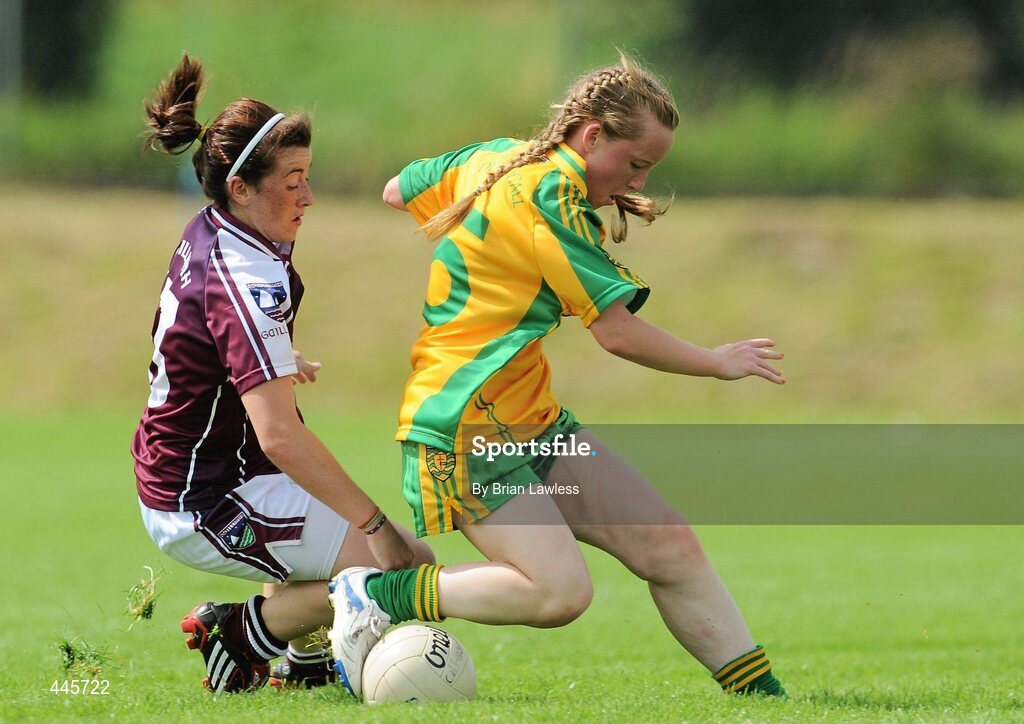 24 July 2010; Kayla Farren, Donegal, in action against Michelle Burke, Galway. Ladies Gaelic Football Minor A Championship All-Ireland Final, Donegal v Galway, Seán O'Heslin GAA Cub, Ballinamore, Co. Leitrim. Picture credit: Brian Lawless / SPORTSFILE