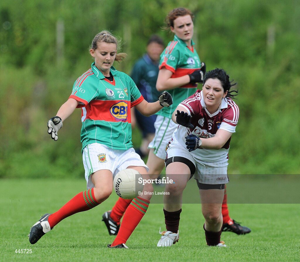 24 July 2010; Rebecca Conway, Mayo, in action against Teanna Watts, Westmeath. Ladies Gaelic Football Minor A Shield All-Ireland Final, Mayo v Westmeath, Seán O'Heslin GAA Cub, Ballinamore, Co. Leitrim. Picture credit: Brian Lawless / SPORTSFILE