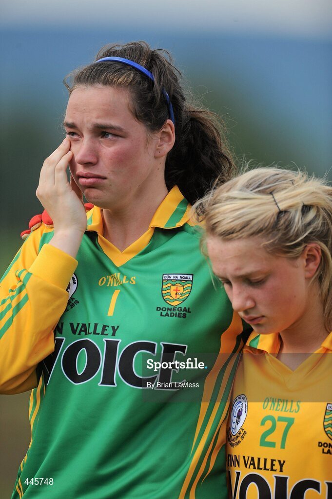 24 July 2010; Donegal players Niamh Mailey, left, and Maria Carr, after defeat in the final. Ladies Gaelic Football Minor A Championship All-Ireland Final, Donegal v Galway, Seán O'Heslin GAA Cub, Ballinamore, Co. Leitrim. Picture credit: Brian Lawless / SPORTSFILE