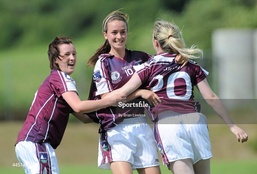 24 July 2010; Galway players, from left, Eilis Gannon, Tessa Mullins, and Aisling Donnelly, celebrate after the final whistle. Ladies Gaelic Football Minor A Championship All-Ireland Final, Donegal v Galway, Seán O'Heslin GAA Cub, Ballinamore, Co. Leitrim. Picture credit: Brian Lawless / SPORTSFILE