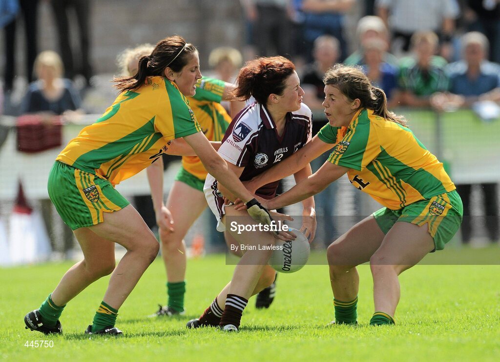 24 July 2010; Charlotte Cooney, Galway, in action against Tanya Kennedy, left, and Ciara Hegarty, Donegal. Ladies Gaelic Football Minor A Championship All-Ireland Final, Donegal v Galway, Seán O'Heslin GAA Cub, Ballinamore, Co. Leitrim. Picture credit: Brian Lawless / SPORTSFILE