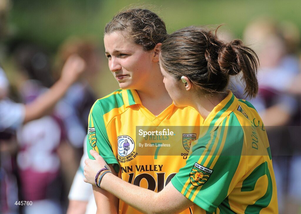 24 July 2010; Donegal's Niamh Friel, left, is consoled by team-mate Laura Stewart, after defeat to Galwayl. Ladies Gaelic Football Minor A Championship All-Ireland Final, Donegal v Galway, Seán O'Heslin GAA Cub, Ballinamore, Co. Leitrim. Picture credit: Brian Lawless / SPORTSFILE