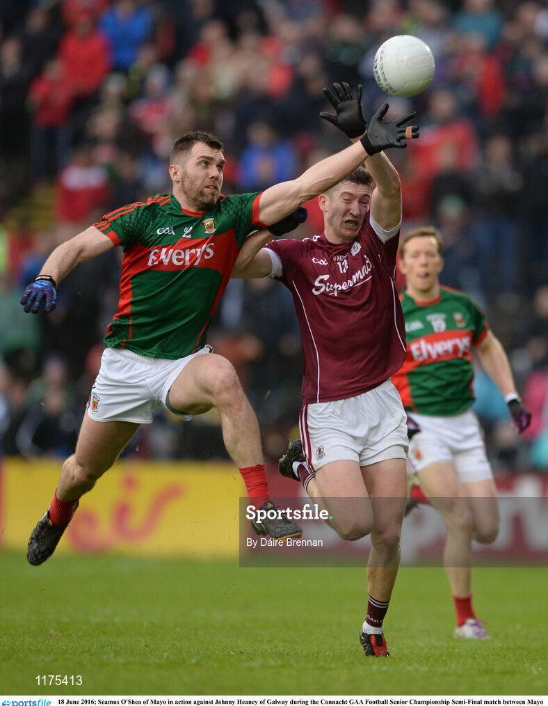 18 June 2016; Seamus O'Shea of Mayo in action against Johnny Heaney of Galway during the Connacht GAA Football Senior Championship Semi-Final match between Mayo and Galway at Elverys MacHale Park in Castlebar, Co Mayo. Photo by Daire Brennan/Sportsfile