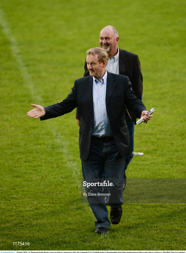 18 June 2016; An Taoiseach Enda Kenny reacts to Galway supporters after the Connacht GAA Football Senior Championship Semi-Final match between Mayo and Galway at Elverys MacHale Park in Castlebar, Co Mayo. Photo by Daire Brennan/Sportsfile