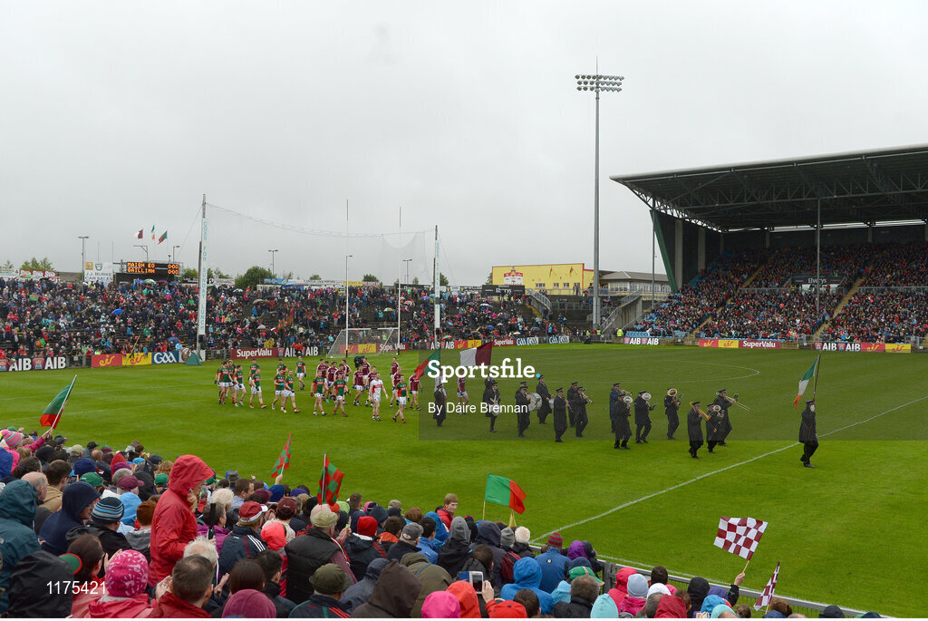 18 June 2016; The Galway and Mayo teams parade behind the Castlebar Concert Band prior to the Connacht GAA Football Senior Championship Semi-Final match between Mayo and Galway at Elverys MacHale Park in Castlebar, Co Mayo. Photo by Daire Brennan/Sportsfile
