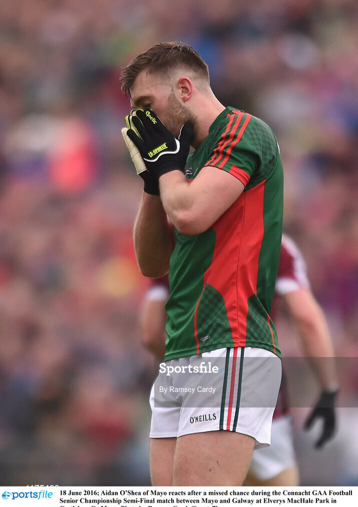 18 June 2016; Aidan O’Shea of Mayo reacts after a missed chance during the Connacht GAA Football Senior Championship Semi-Final match between Mayo and Galway at Elverys MacHale Park in Castlebar, Co Mayo. Photo by Ramsey Cardy/Sportsfile