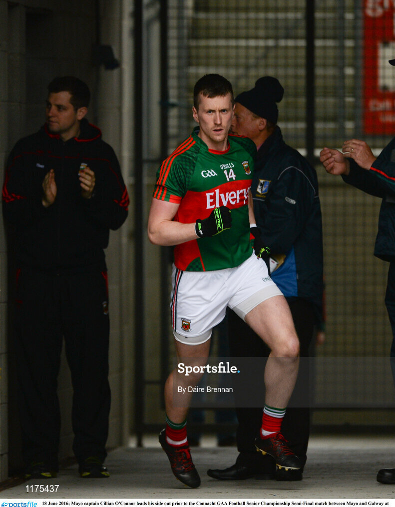 18 June 2016; Mayo captain Cillian O'Connor leads his side out prior to the Connacht GAA Football Senior Championship Semi-Final match between Mayo and Galway at Elverys MacHale Park in Castlebar, Co Mayo. Photo by Daire Brennan/Sportsfile