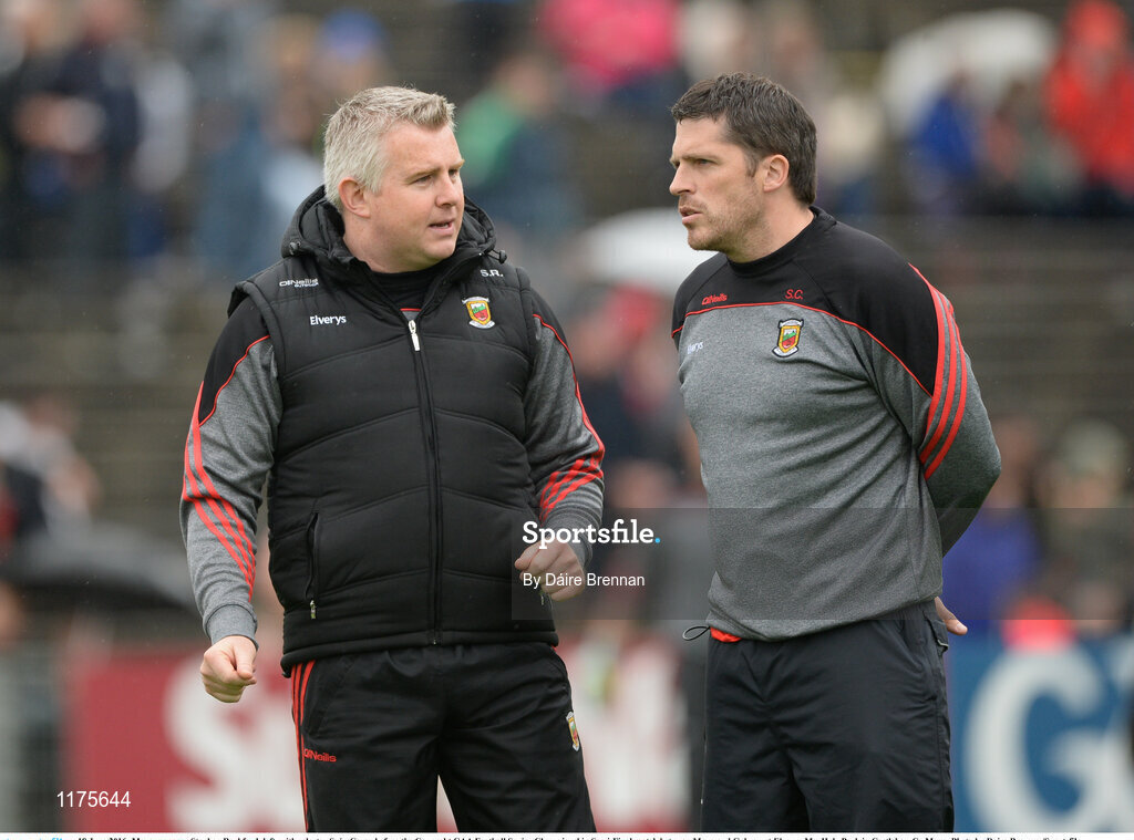 18 June 2016; Mayo manager Stephen Rochford, left, with selector Seán Carey before the Connacht GAA Football Senior Championship Semi-Final match between Mayo and Galway at Elverys MacHale Park in Castlebar, Co Mayo. Photo by Daire Brennan/Sportsfile