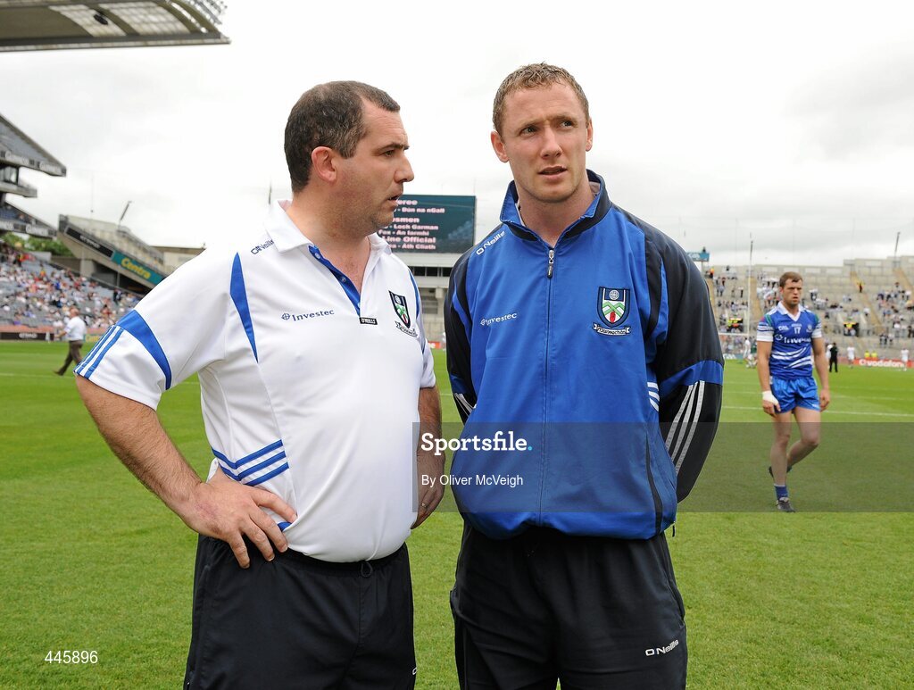 24 July 2010; Monaghan manager Seamus McEnaney, left, and captain Vinny Corey before the game. GAA Football All-Ireland Senior Championship Qualifier, Round 4, Monaghan v Kildare, Croke Park, Dublin. Picture credit: Oliver McVeigh / SPORTSFILE