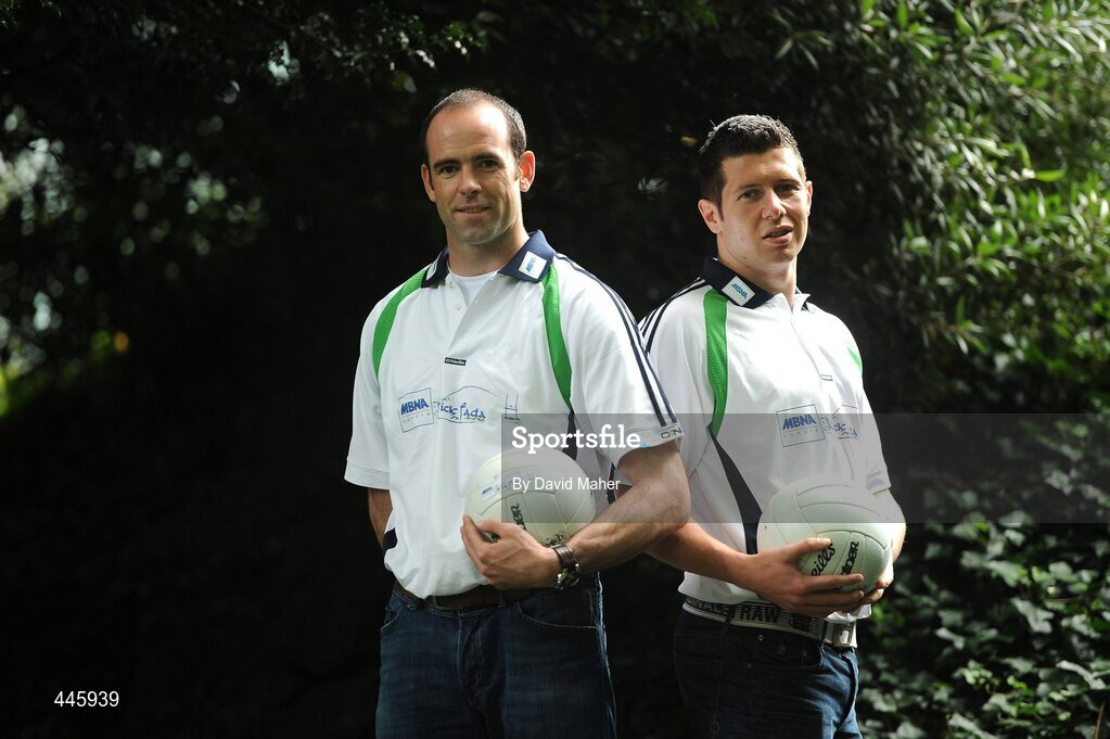 28 July 2010; Dermot Earley, Kildare, and Sean Cavanagh, Tyrone, at the launch of the MBNA Kick Fada 2010. The 11th annual MBNA Kick Fada will take place at Bray Emmets GAA Club on Saturday 11th September and will feature over 20 stars of inter county Gaelic football. Bank of America and MBNA, Hatch Street, Dublin and Iveagh Gardens. Picture credit: David Maher / SPORTSFILE