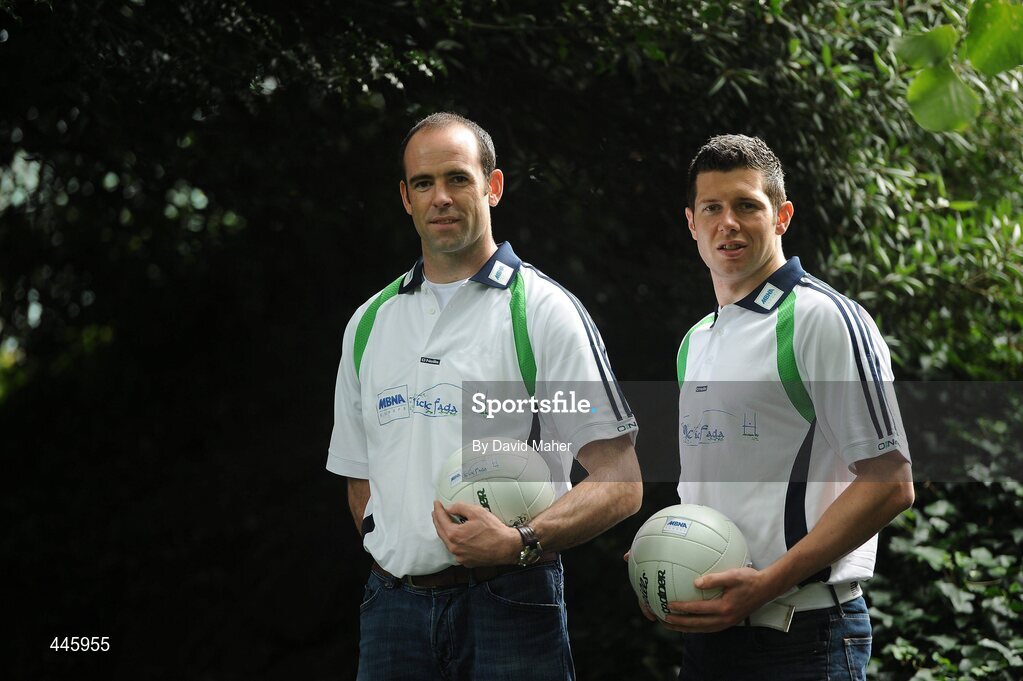 28 July 2010; Dermot Earley, Kildare, and Sean Cavanagh, Tyrone, at the launch of the MBNA Kick Fada 2010. The 11th annual MBNA Kick Fada will take place at Bray Emmets GAA Club on Saturday 11th September and will feature over 20 stars of inter county Gaelic football. Bank of America and MBNA, Hatch Street, Dublin and Iveagh Gardens. Picture credit: David Maher / SPORTSFILE