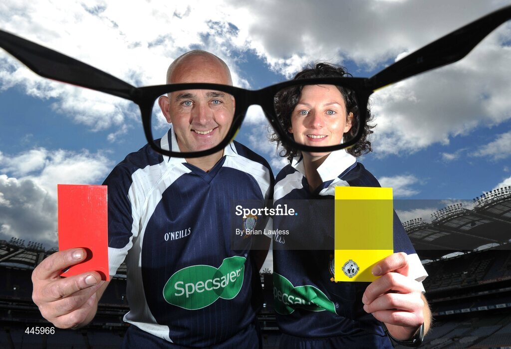 28 July 2010; A new sponsorship deal between Specsavers and the Ladies Gaelic Football Association will ensure all of the sport's national All Ireland panel of referees have their eyes firmly focussed on the game. At the announcement are ladies football referees Eugene O'Hare and Maggie Farrell. Croke Park, Dublin. Picture credit: Brian Lawless / SPORTSFILE