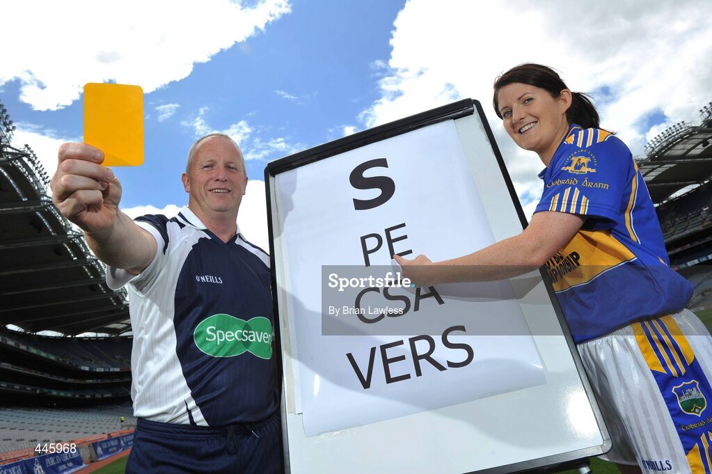 28 July 2010; A new sponsorship deal between Specsavers and the Ladies Gaelic Football Association will ensure all of the sport's national All Ireland panel of referees have their eyes firmly focussed on the game. At the announcement is Ladies football referee Keith Delahunty with Tipperary senior Mairead Morrissey. Croke Park, Dublin. Picture credit: Brian Lawless / SPORTSFILE