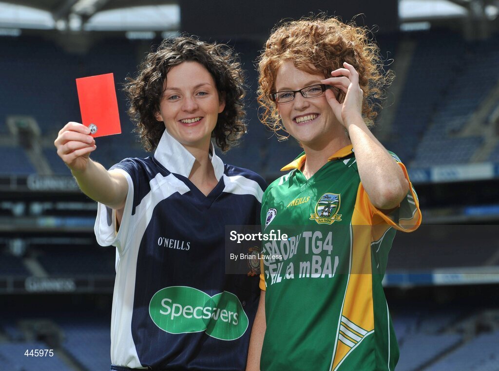 28 July 2010; A new sponsorship deal between Specsavers and the Ladies Gaelic Football Association will ensure all of the sport's national All Ireland panel of referees have their eyes firmly focussed on the game. At the announcement is ladies football referee Maggie Farrell with Meath senior footballer Eve Wardick. Croke Park, Dublin. Picture credit: Brian Lawless / SPORTSFILE