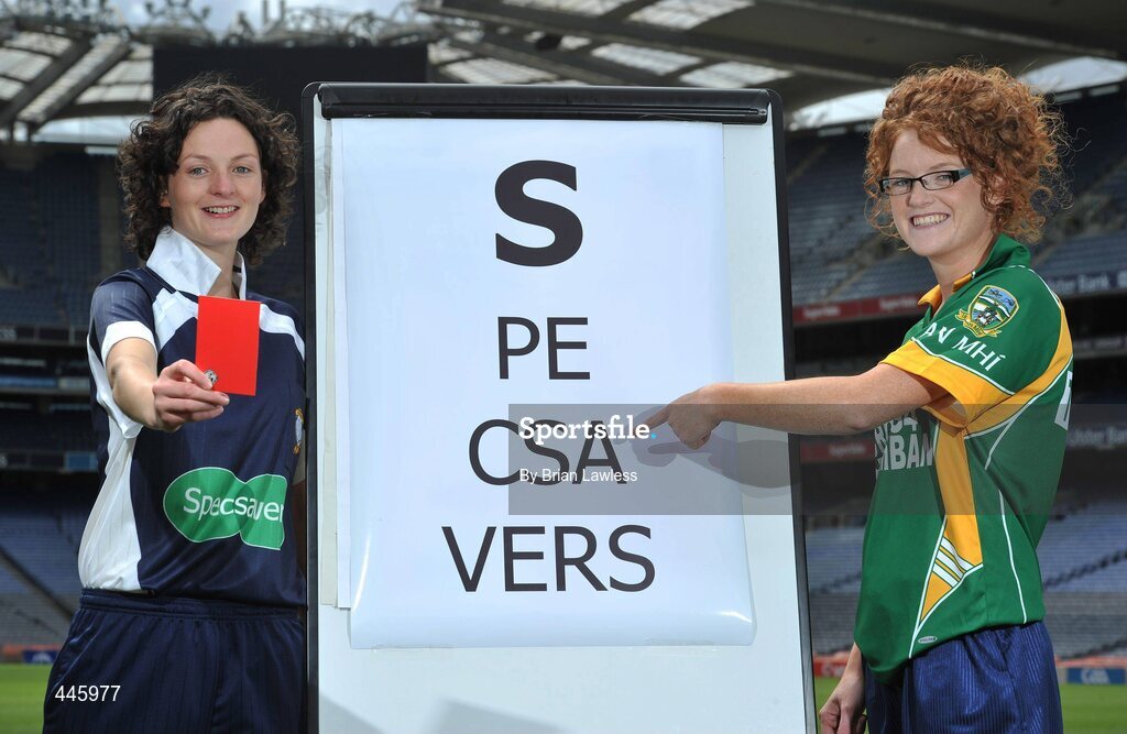 28 July 2010; A new sponsorship deal between Specsavers and the Ladies Gaelic Football Association will ensure all of the sport's national All Ireland panel of referees have their eyes firmly focussed on the game. At the announcement is ladies football referee Maggie Farrell with Meath senior footballer Eve Wardick. Croke Park, Dublin. Picture credit: Brian Lawless / SPORTSFILE