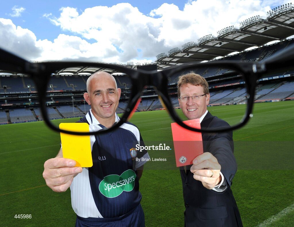 28 July 2010; A new sponsorship deal between Specsavers and the Ladies Gaelic Football Association will ensure all of the sport's national All-Ireland panel of referees have their eyes firmly focused on the game. At the announcement is Ladies Football referee Eugene O'Hare, and Seamus Breslin, Store Director of Specsavers. Croke Park, Dublin. Picture credit: Brian Lawless / SPORTSFILE