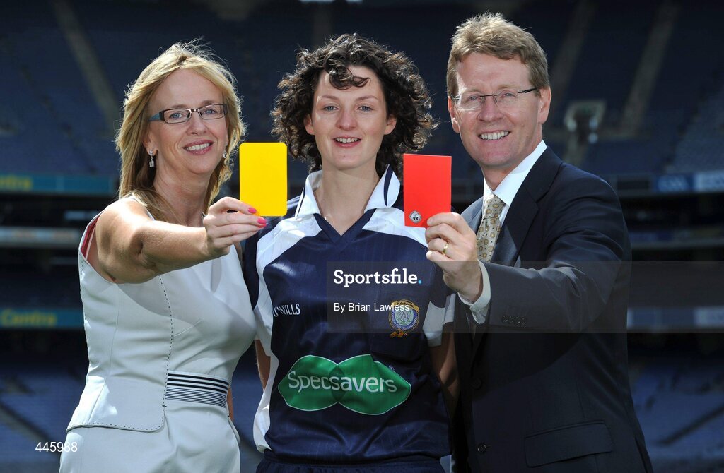 28 July 2010; A new sponsorship deal between Specsavers and the Ladies Gaelic Football Association will ensure all of the sport's national All-Ireland panel of referees have their eyes firmly focused on the game. At the announcement are Ladies Football referee Maggie Farrell with Helen O'Rourke, Chief Executive, Cummann Peil Gael na mBan, left, and Seamus Breslin, Store Director of Specsavers. Croke Park, Dublin. Picture credit: Brian Lawless / SPORTSFILE