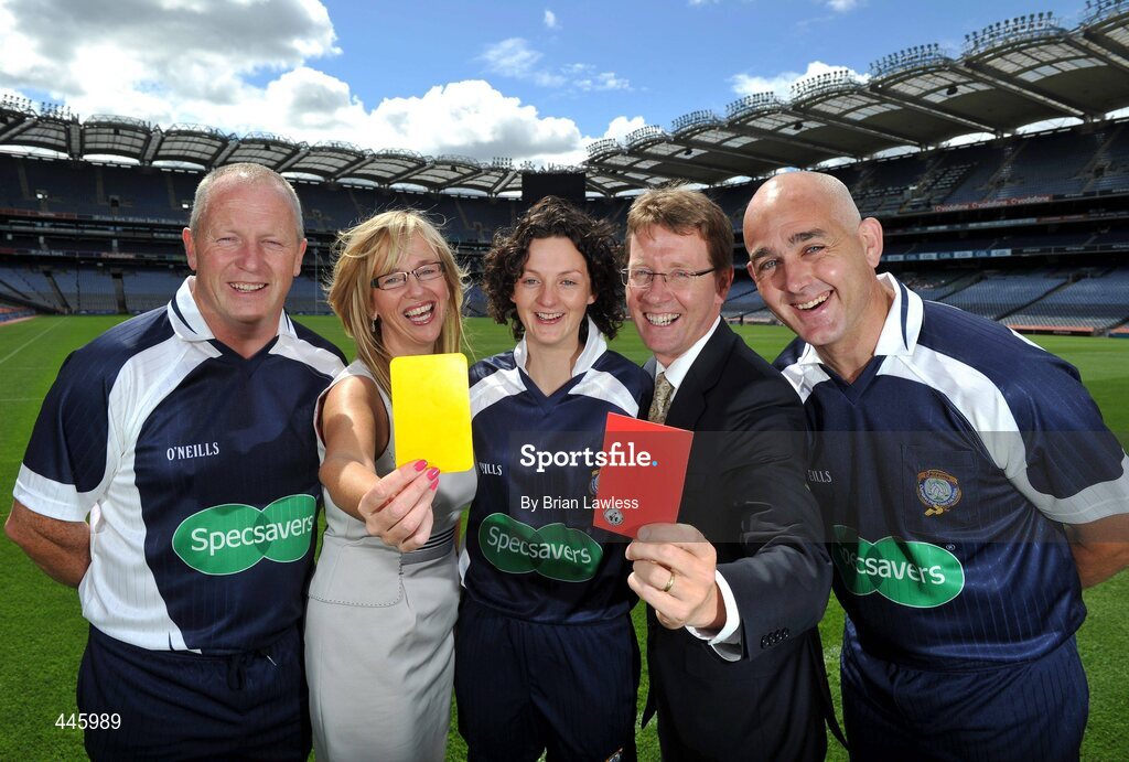 28 July 2010; A new sponsorship deal between Specsavers and the Ladies Gaelic Football Association will ensure all of the sport's national All-Ireland panel of referees have their eyes firmly focused on the game. At the announcement are, from left, Ladies Football referee Keith Delahunty, Helen O'Rourke, Chief Executive, Cummann Peil Gael na mBan, referee Maggie Farrell, Seamus Breslin, Store Director of Specsavers, and referee Eugene O'Hare. Croke Park, Dublin. Picture credit: Brian Lawless / SPORTSFILE