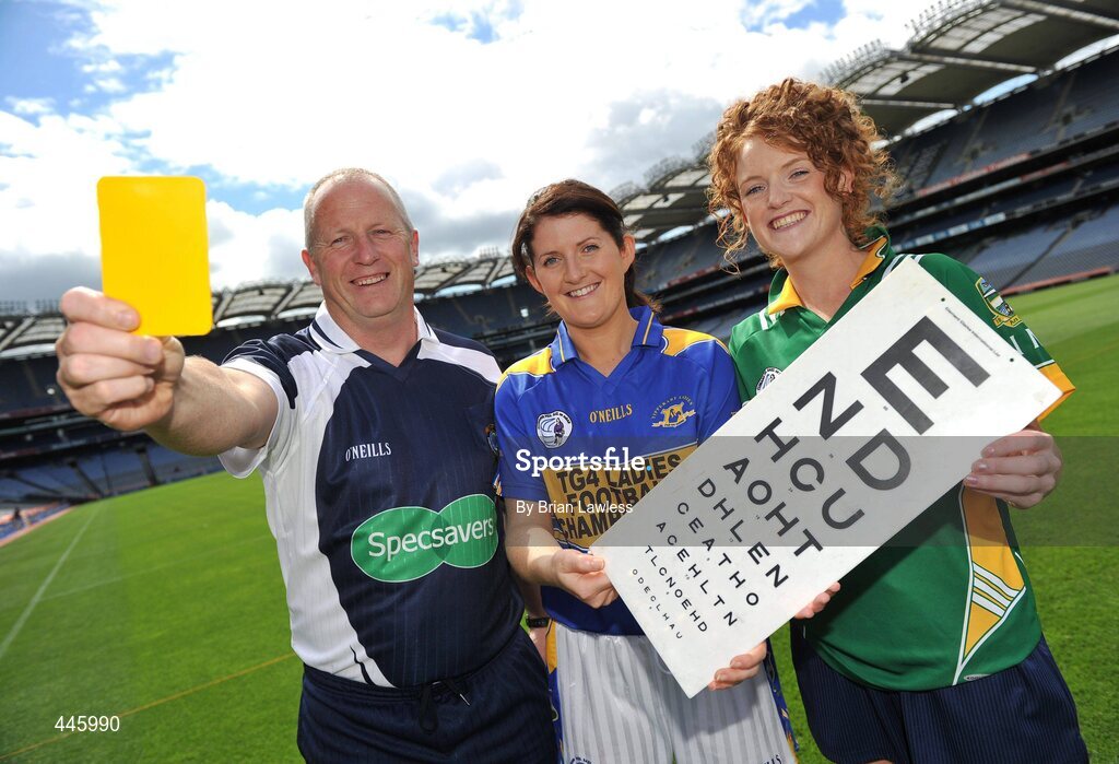 28 July 2010; A new sponsorship deal between Specsavers and the Ladies Gaelic Football Association will ensure all of the sport's national All-Ireland panel of referees have their eyes firmly focused on the game. At the announcement is Ladies Football referee Keith Delahunty, with Ladies Senior Footballers Mairead Morrissey, Tipperary, and Eve Wardick, Meath, right. Croke Park, Dublin. Picture credit: Brian Lawless / SPORTSFILE