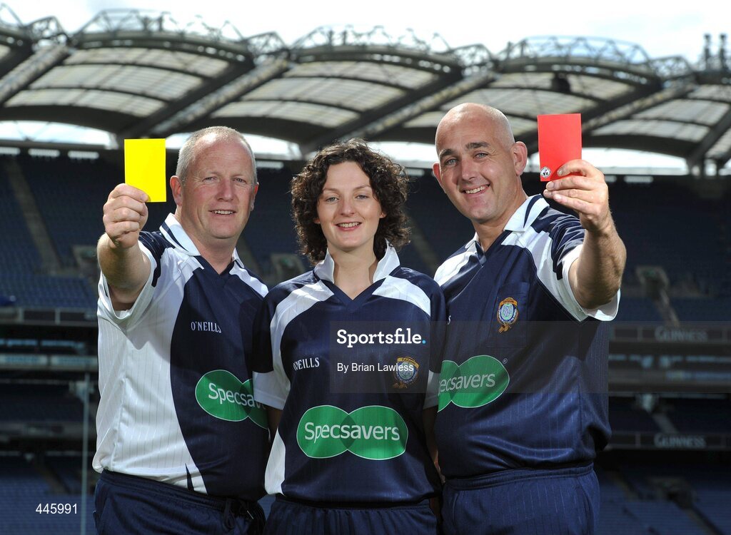 28 July 2010; A new sponsorship deal between Specsavers and the Ladies Gaelic Football Association will ensure all of the sport's national All-Ireland panel of referees have their eyes firmly focused on the game. At the announcement are Ladies Football referees, from left, Keith Delahunty, Maggie Farrell, and Eugene O'Hare. Croke Park, Dublin. Picture credit: Brian Lawless / SPORTSFILE